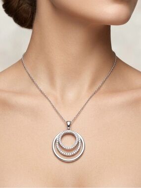 Silver Triple Interlocking Circle Pendant Necklace Rhinestone Accents